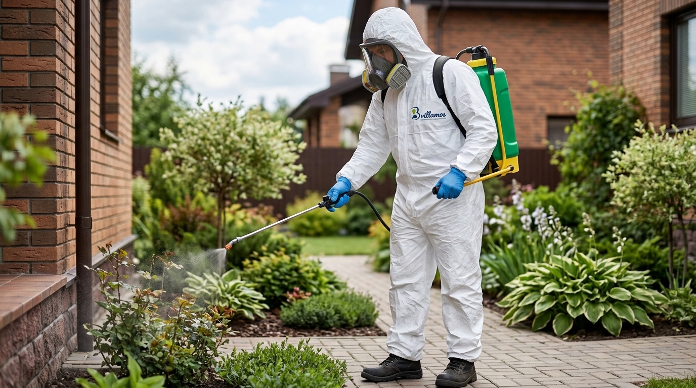 Foto de hombre desinfectando una zona verde